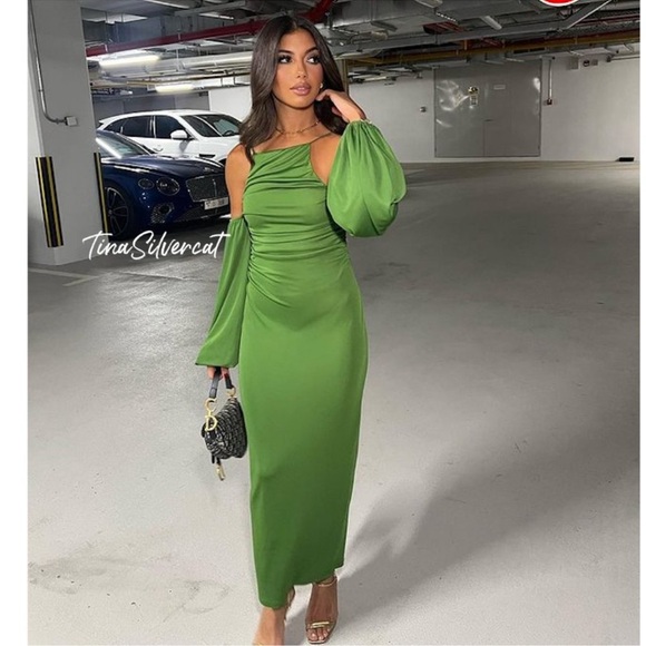 BLOGGERS FAVE!! Zara Long Dress With Gathered Details Green - Picture 8 of 17